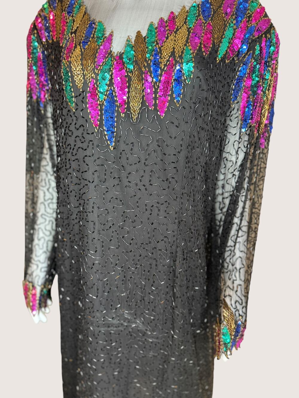 Black Multicolor Beaded Sequin Sheer Sleeve Midi Dress